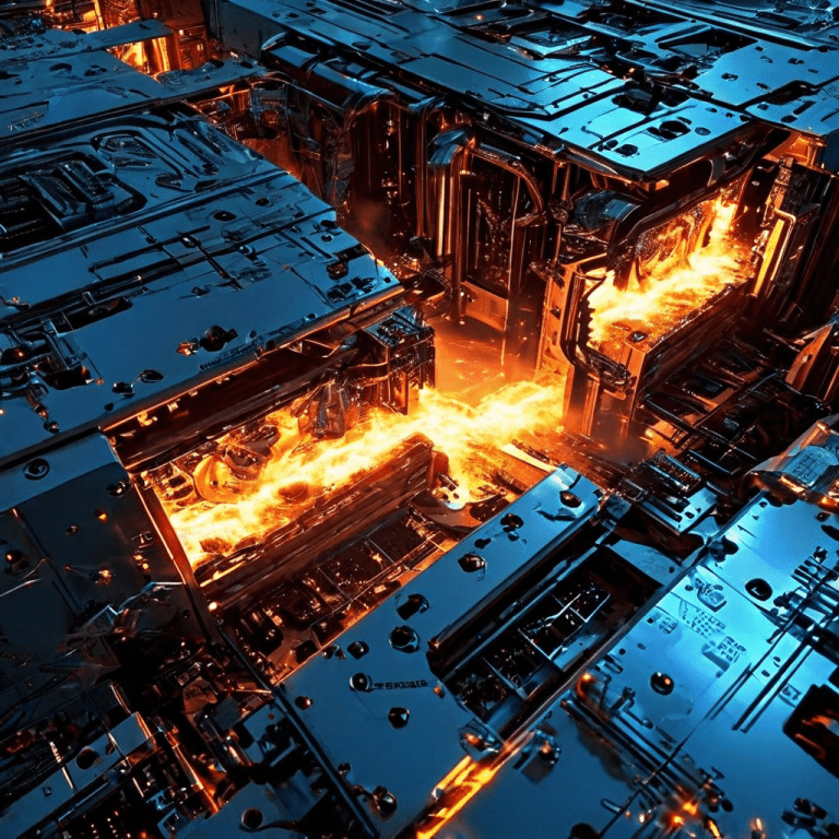 복잡한 기계 위로 빛나는 VAN 마이너스 1 오류 코드가 떠 있으며, 에너지 충격파가 부품들을 구부러지고 충돌하게 만드는 모습이다.