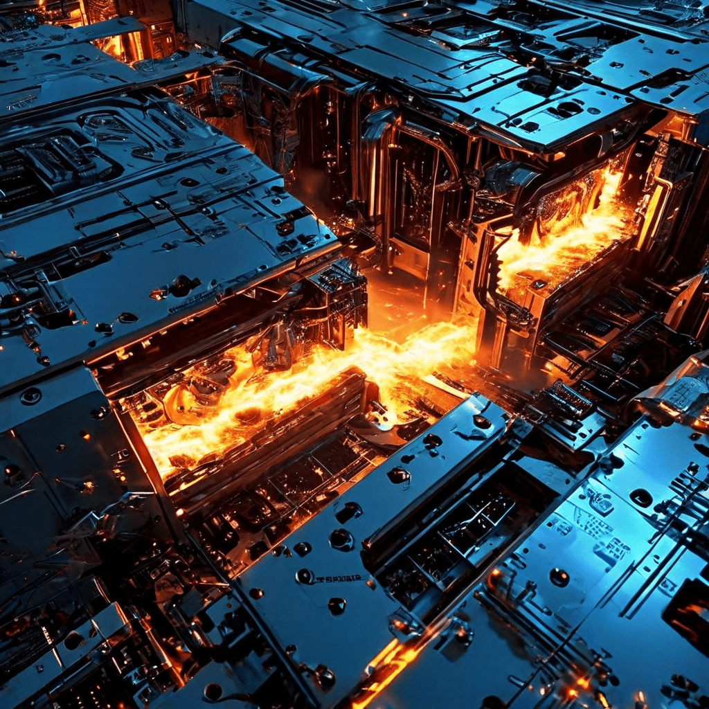 복잡한 기계 위로 빛나는 VAN 마이너스 1 오류 코드가 떠 있으며, 에너지 충격파가 부품들을 구부러지고 충돌하게 만드는 모습이다.