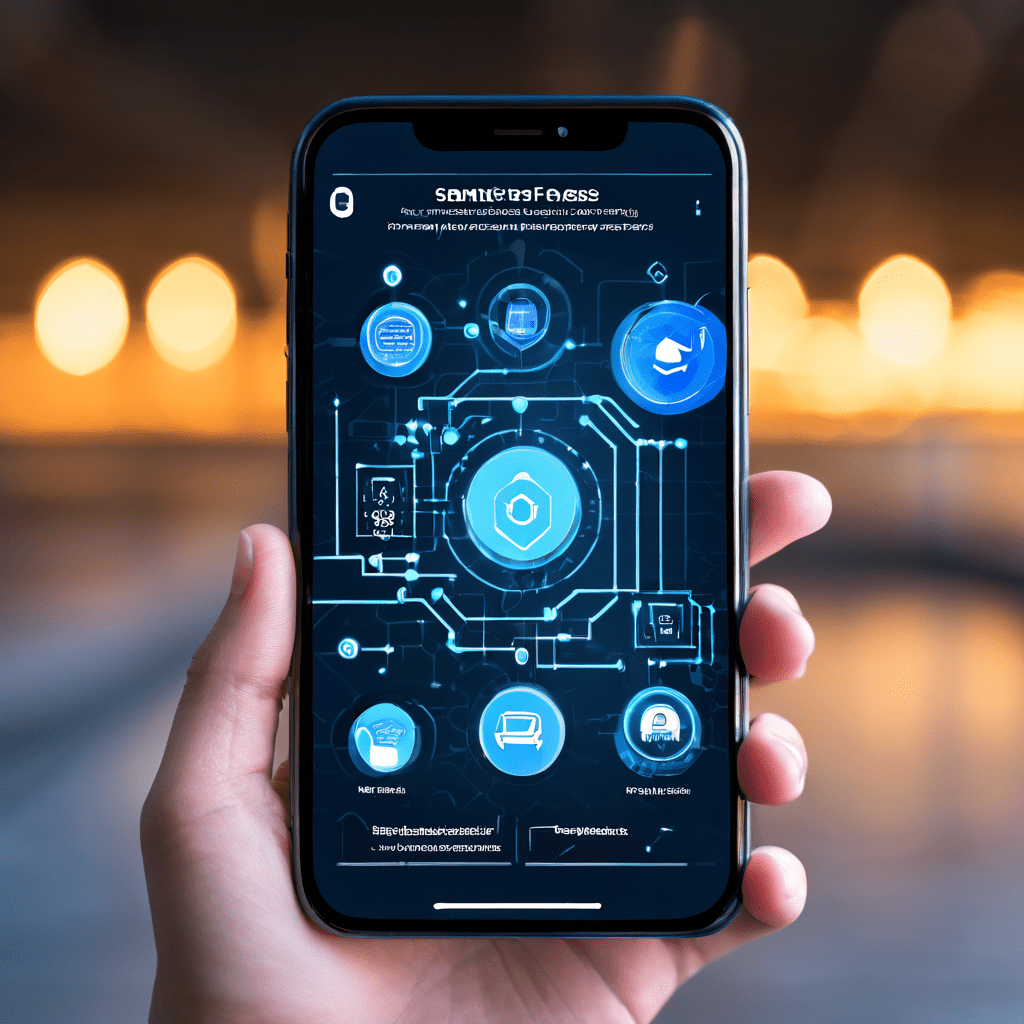 파란색 배경의 스마트폰 화면에 지도와 열쇠 아이콘이 표시된 스마트 패스 앱이 보이며, 복잡한 디지털 공간 안전 경로를 안내하는 모습이다.