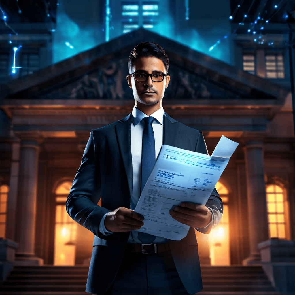 변호사가 디지털 데이터 스트림을 무기 삼아 공증 우편물과 부동산 등기 명령서를 들고 법원 앞에서 소송 준비를 완료한 모습을 상징적으로 표현한 이미지입니다.