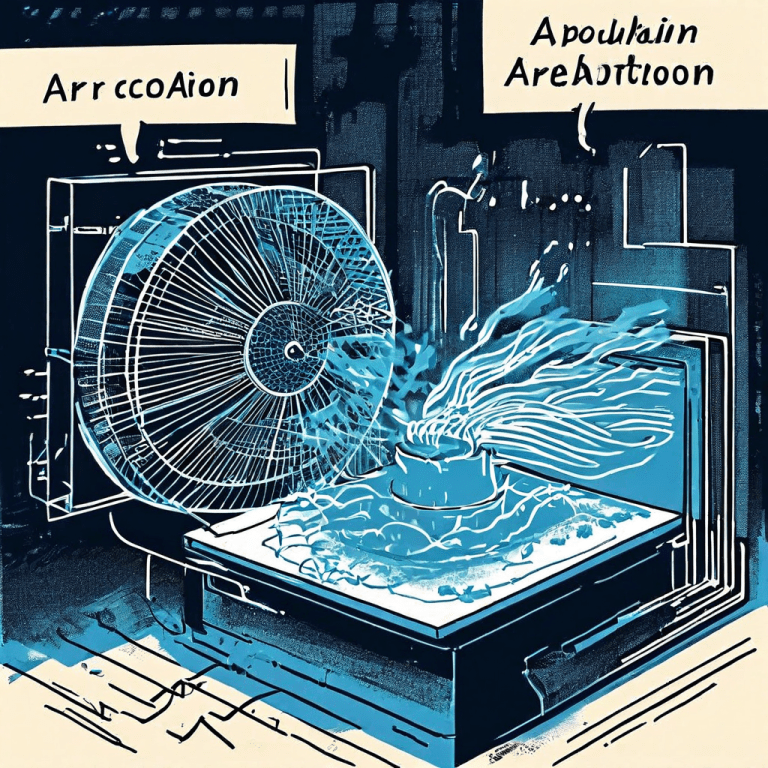 습기 제거의 원리를 설명하는 다이어그램으로, 팬에 의해 순환되는 습한 공기의 흐름을 화살표로 표시하고 이를 정적인 스펀지와 대비하여 공기 순환이 흡수보다 효과적임을 강조합니다.