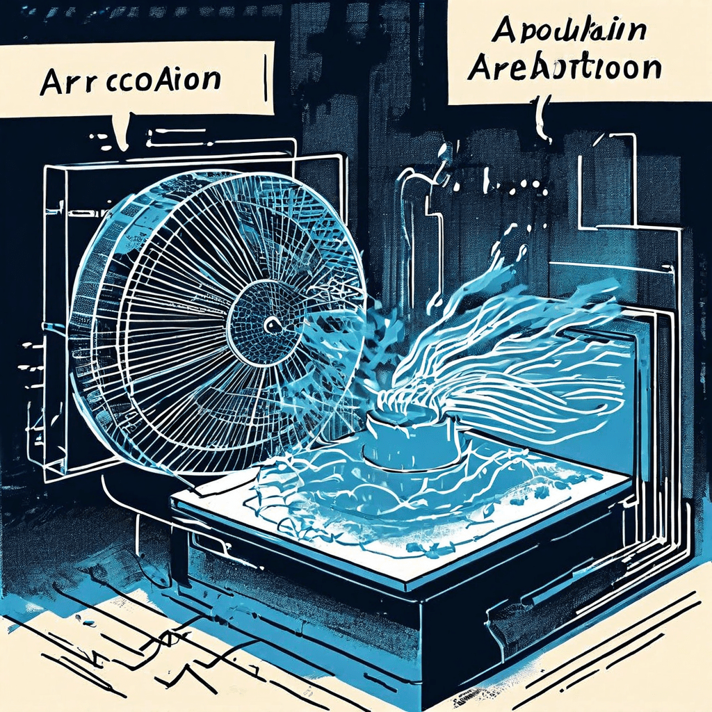 습기 제거의 원리를 설명하는 다이어그램으로, 팬에 의해 순환되는 습한 공기의 흐름을 화살표로 표시하고 이를 정적인 스펀지와 대비하여 공기 순환이 흡수보다 효과적임을 강조합니다.