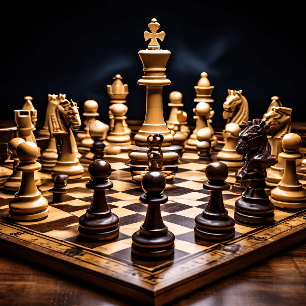 체스판에서 왕을 보호하는 폰의 방어벽이 견고하고 무너지지 않은 반면, 상대편의 공격 기물들은 분산되어 효과적이지 못한 전략적 상황을 묘사합니다.