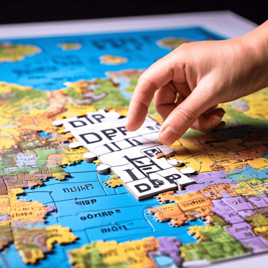 복잡한 세계 도로 지도 퍼즐에 "IDP"라고 적힌 한 조각을 손이 정확히 맞추어 넣는 모습이다.