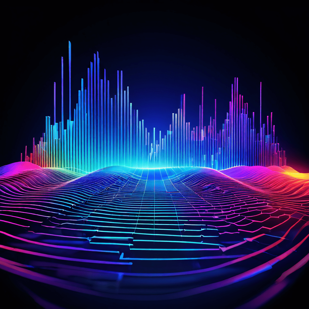 소리 파동이 그래픽 이퀄라이저를 통과하며 원시 에너지가 다채로운 빛과 색의 정교한 스펙트럼으로 변환되는 모습입니다.