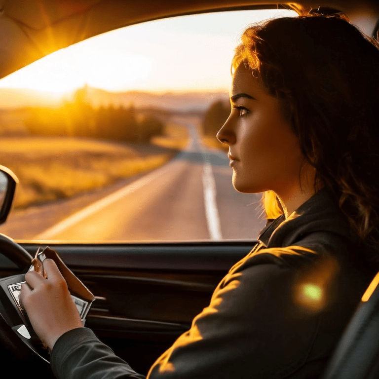 한 사람이 진지한 표정으로 새 운전면허증을 들고 있으며, 차창에 비친 그의 모습은 앞으로 펼쳐질 긴 도로를 담고 있습니다.