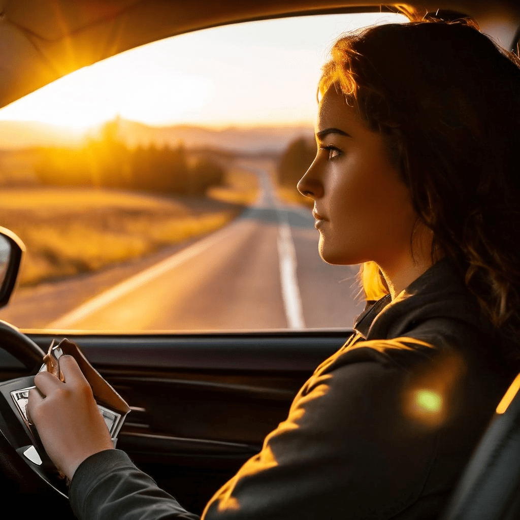 한 사람이 진지한 표정으로 새 운전면허증을 들고 있으며, 차창에 비친 그의 모습은 앞으로 펼쳐질 긴 도로를 담고 있습니다.