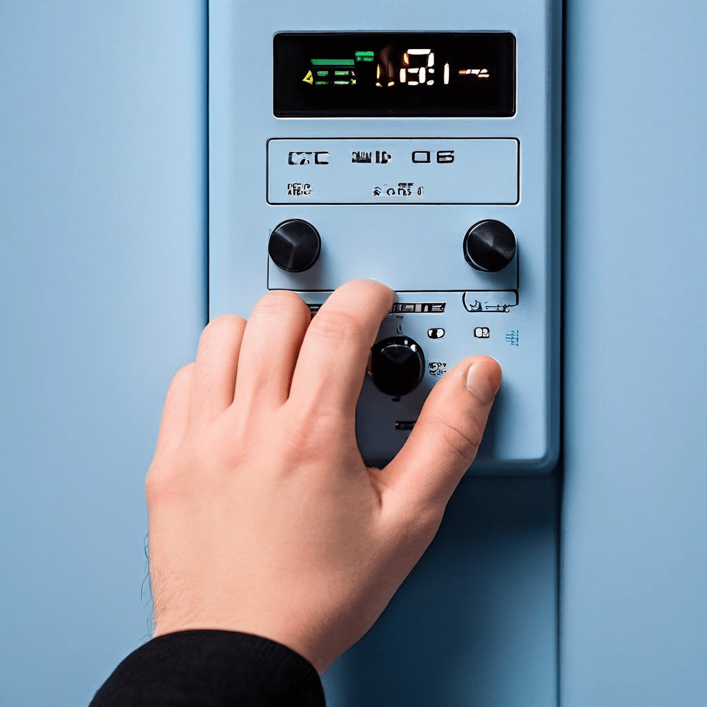 간단한 외출 모드 버튼과 서리 방지 기능이 강조된 복잡한 보일러 제어판 사이에서 망설이는 손의 클로즈업으로, 겨울철 난방 시스템의 편의성과 맞춤형 설정 사이의 선택 고민을 상징적으로 표현합니다.