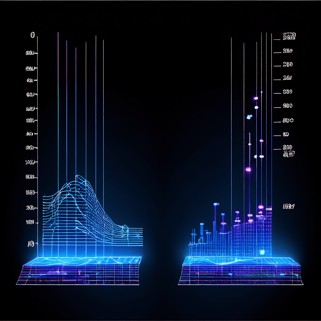 파란색과 주황색 막대 그래프가 나란히 서 있고, 더 높은 막대에 디지털 데이터 흐름이 유입되는 모습이다.