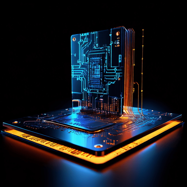 복잡하게 빛나는 거대한 컴퓨터 칩이 단순한 버전 차트를 압도하는 모습이다.