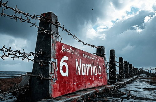 거대한 철제 장벽에 새겨진 6개월 규칙 글자와, 이를 둘러싼 경고 표지와 빨간 테이프가 폭풍처럼 몰아치는 모습이다.