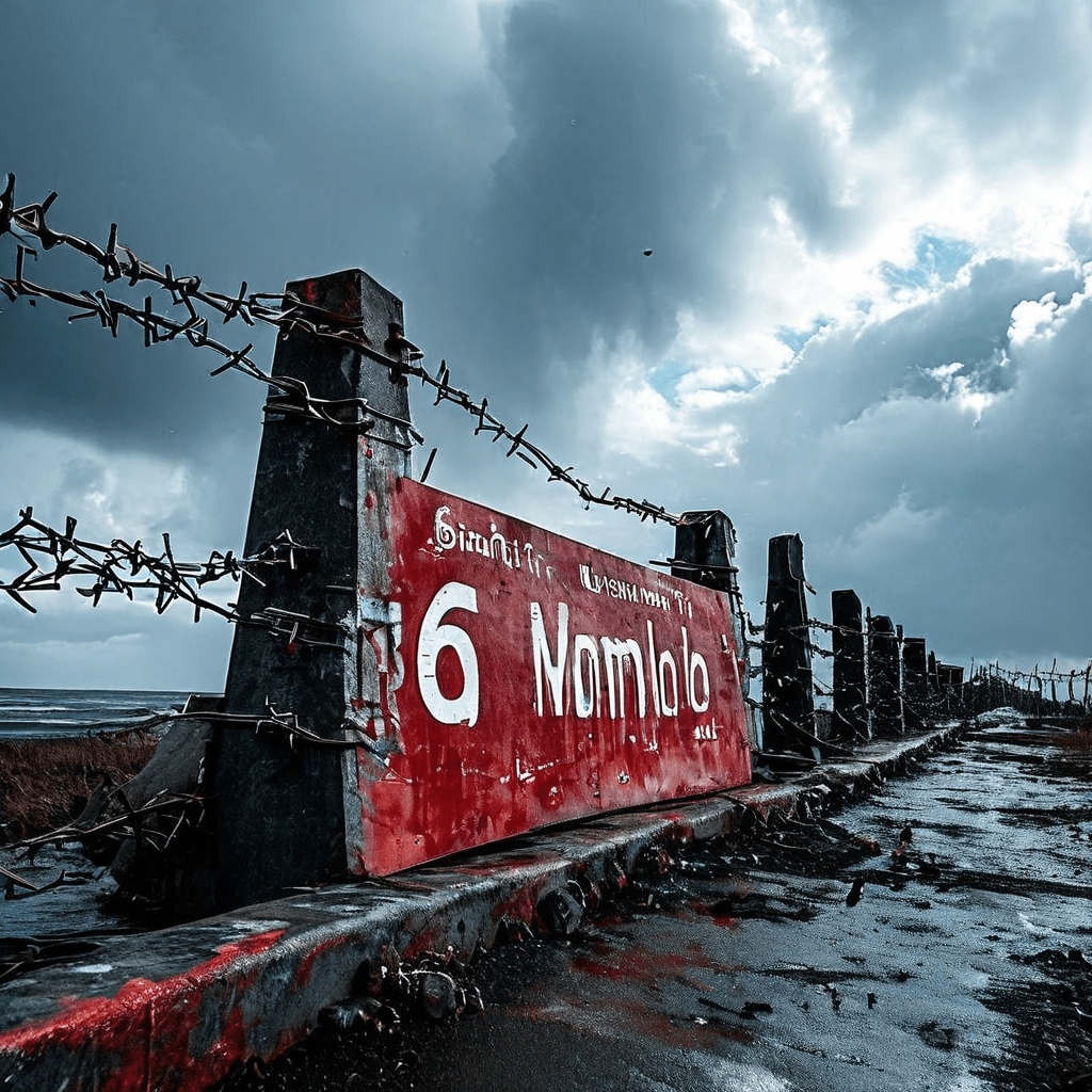 거대한 철제 장벽에 새겨진 6개월 규칙 글자와, 이를 둘러싼 경고 표지와 빨간 테이프가 폭풍처럼 몰아치는 모습이다.