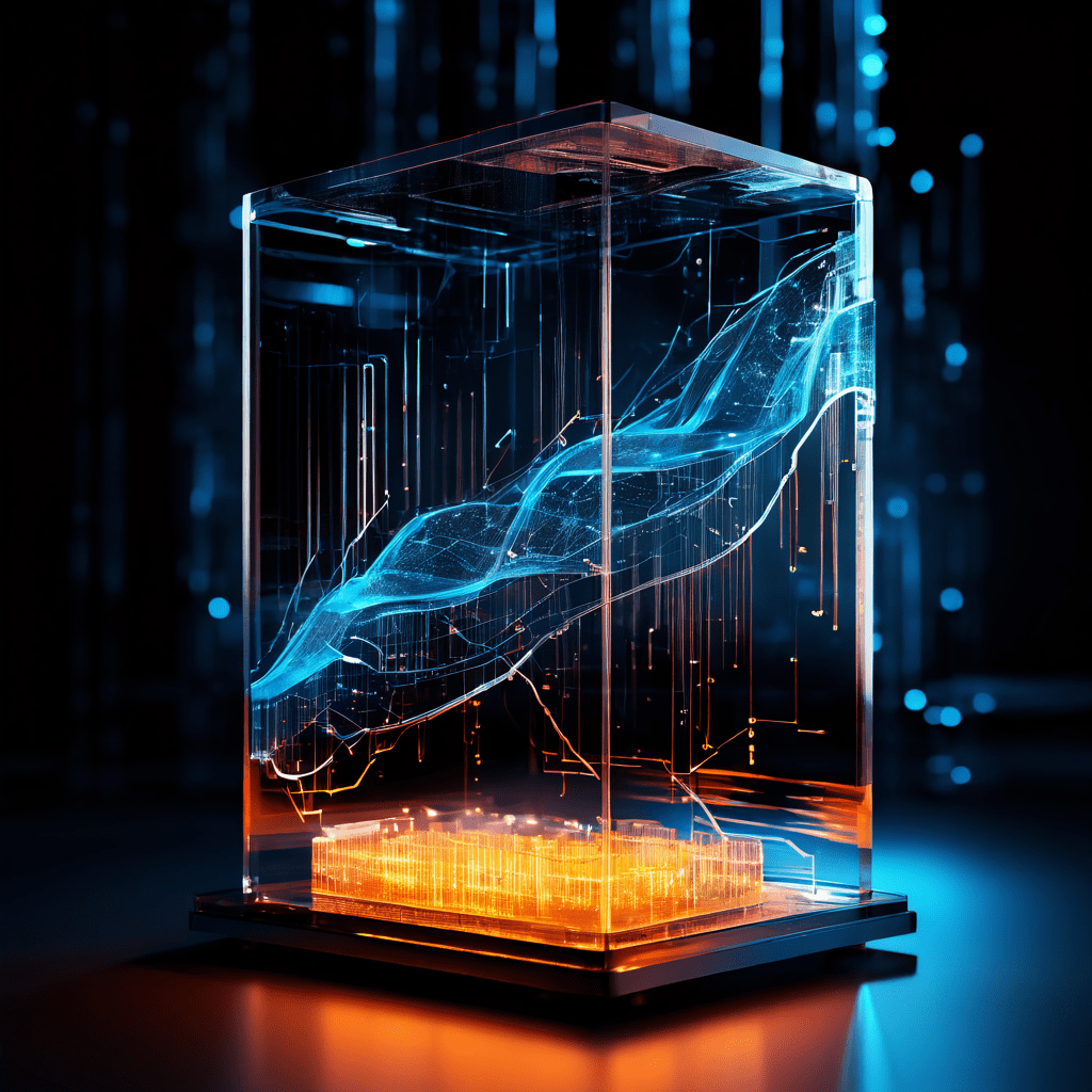 데이터 서버의 취약성과 회복력을 상징하는 유리 모델로, 한쪽은 완벽한 상태이고 다른 한쪽은 갈라진 틈 사이로 데이터 스트림이 흐르는 모습을 보여줍니다.