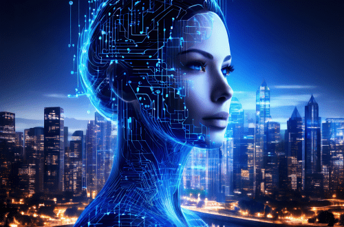 도시 위에 겹쳐진 빛나는 디지털 얼굴 메쉬가 데이터 흐름을 중앙 AI 코어로 모아 최고 효율을 상징하는 모습이다.