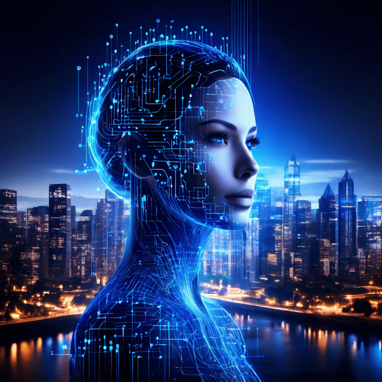 도시 위에 겹쳐진 빛나는 디지털 얼굴 메쉬가 데이터 흐름을 중앙 AI 코어로 모아 최고 효율을 상징하는 모습이다.