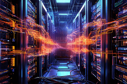 화면이 분할된 컴퓨터 서버에서 정체된 네트워크 패킷과 깜빡이는 3D 렌더링이 동시에 멈춘 모습이다.