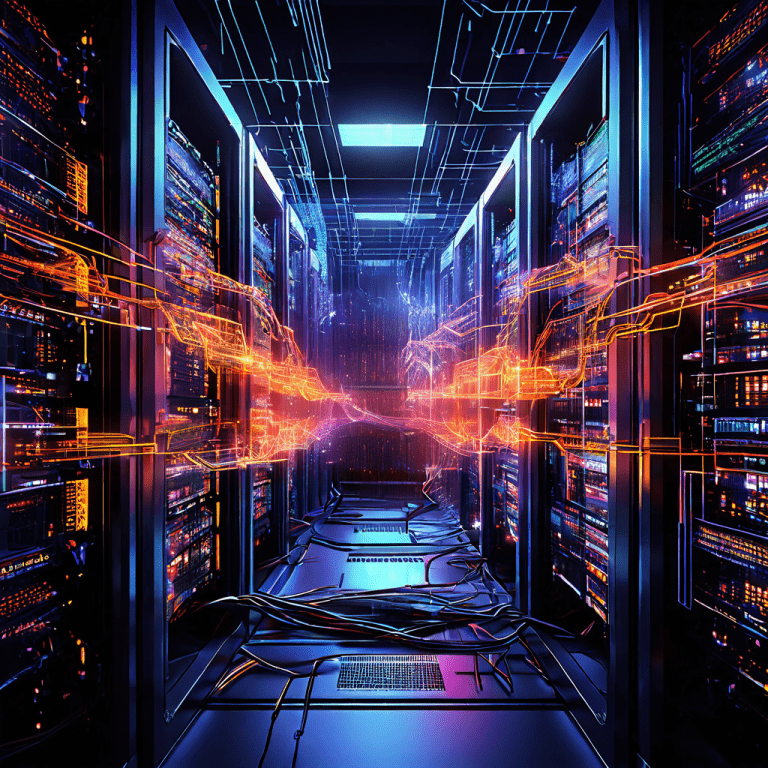 화면이 분할된 컴퓨터 서버에서 정체된 네트워크 패킷과 깜빡이는 3D 렌더링이 동시에 멈춘 모습이다.