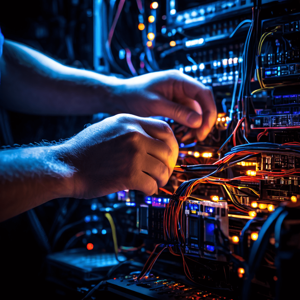 서버 점검등이 푸른빛으로 깜박이는 가운데, 기술자의 손이 네트워크 케이블과 하드웨어를 확인하고 있습니다.