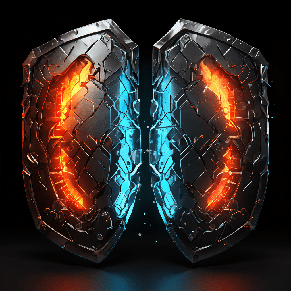 손상된 방패와 완전한 방패의 사이드 바이 사이드 비교 이미지로, 빛나는 데이터 그래프와 통계 수치가 오버레이되어 각 방패의 방어 성능을 정량적으로 보여줍니다.