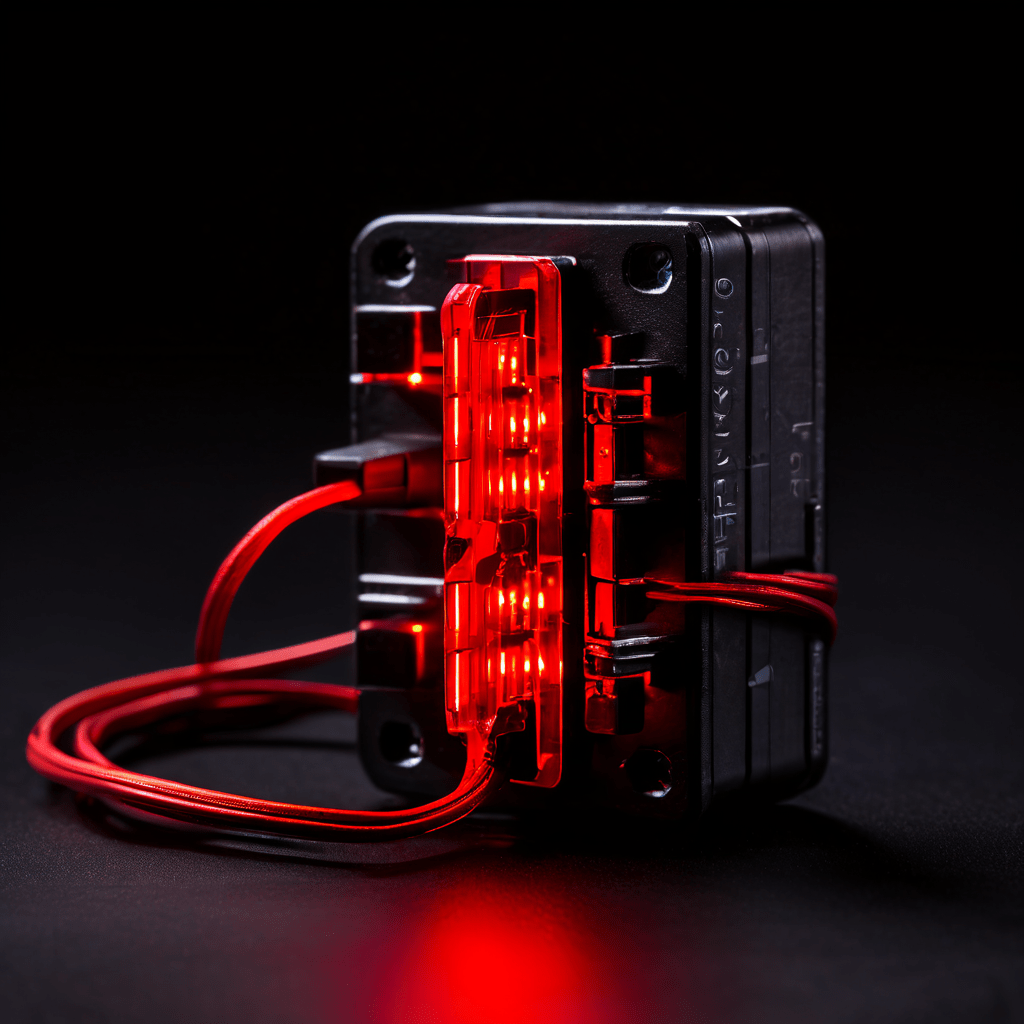 빨간색으로 빛나는 한 개의 핀을 가진 20핀 DP 케이블 커넥터가 역전류의 위험한 경로를 상징적으로 보여주는 모습이다.