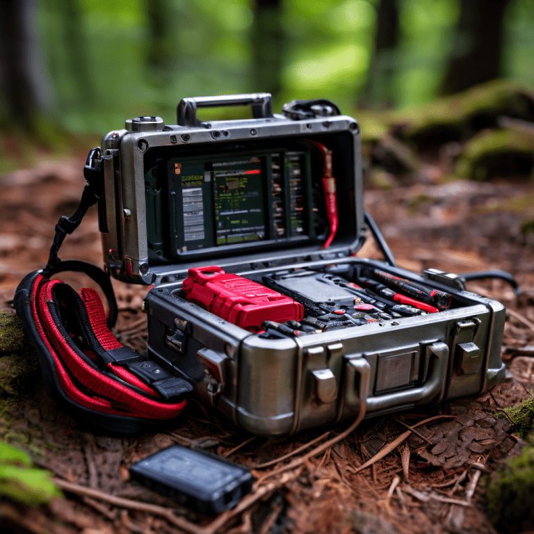 낡은 생존 키트 속에 금속 케이스에 든 라즈베리 파이와 공구, 구급 안내서가 황야에 놓여 있는 모습이다.