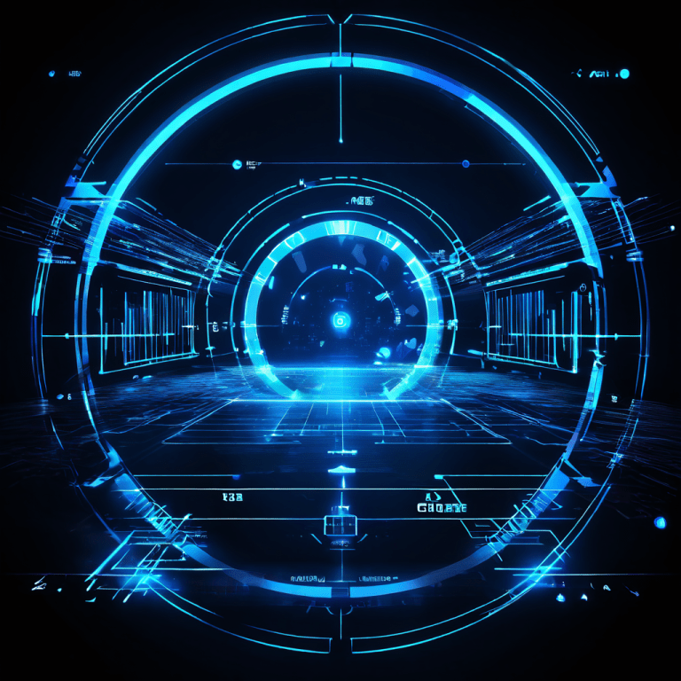 FPS 게임 화면에 전문가용 십자선이 표시되고, 데이터 스트림이 가시성 원리와 근육 기억 경로를 빛나게 표현한 모습입니다.