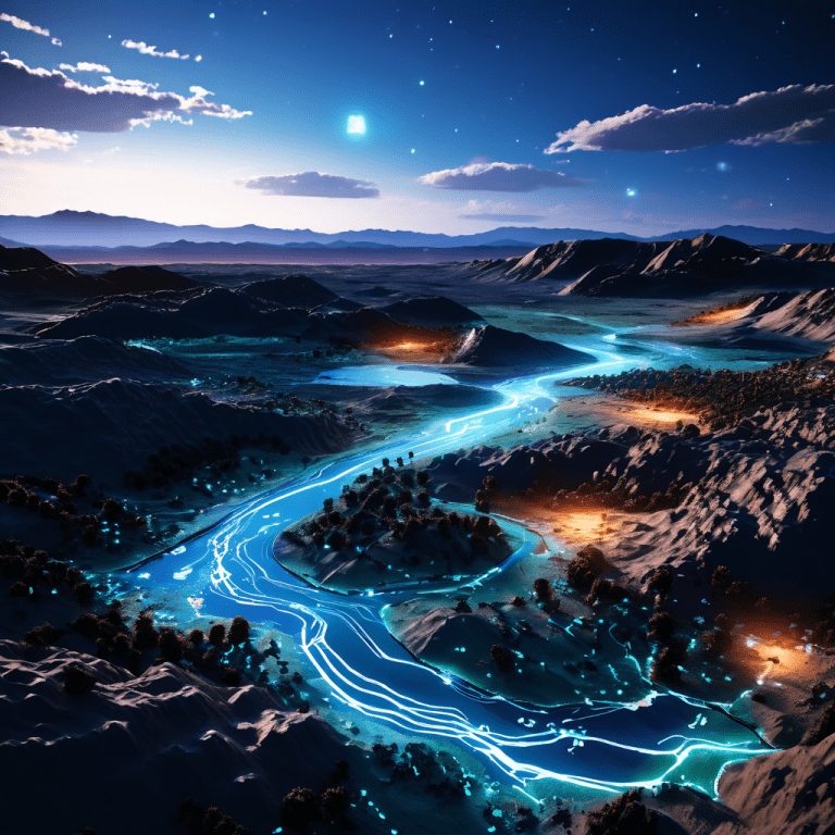 빛나는 전술 표시와 복잡한 데이터 흐름이 진화하는 가상 지형 위에 펼쳐진 초현실적 디지털 샌드박스의 모습이다.