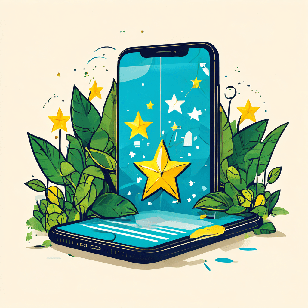 가짜 5성 리뷰가 쏟아지는 배달 앱이 표시된 휴대폰과 지속 가능한 윤리적 대안을 상징하는 건강한 식물을 대비시킨 인포그래픽은 허위 평가와 진정성 문제를 시각적으로 보여줍니다.