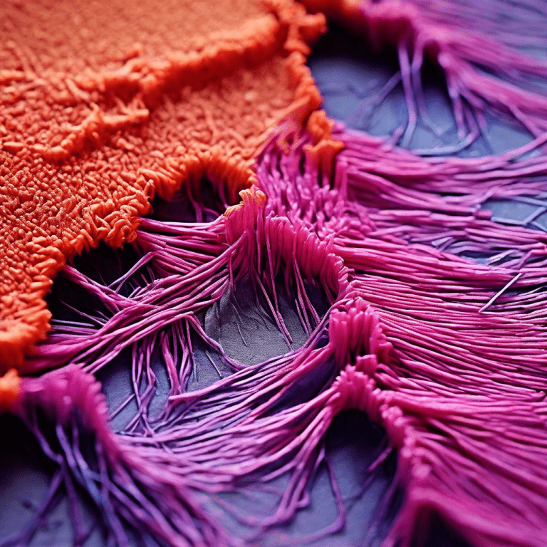 과도한 열로 인해 단순 수축이 아닌 구조적 붕괴가 발생하여 갈라지고 올풀어진 직물 섬유의 현미경 사진입니다.