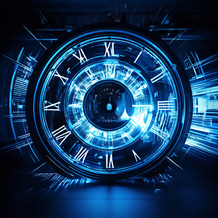 감시 카메라의 내부 시계가 오작동하며 시간 조작의 치명적 결함을 드러내는 장면으로, 렌즈 주변으로 빛의 광선이 휘어지고 왜곡되어 분열되고 있습니다.