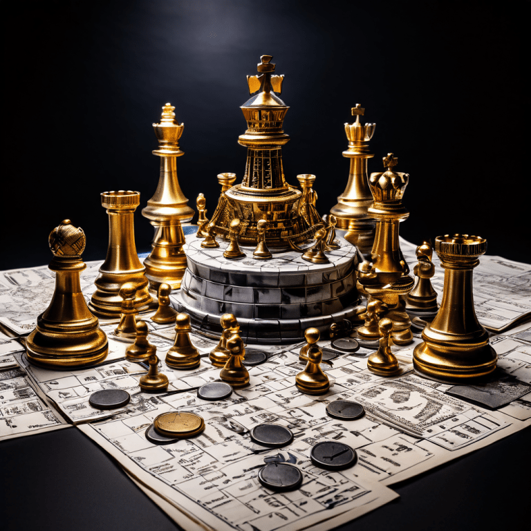 금화와 법봉 모양의 체스 말이 금융 서류 위에서 정부 건물을 겨냥하며 자본과 법률이 세금 문제로 맞서는 고위험 국면을 상징적으로 표현한 이미지입니다.