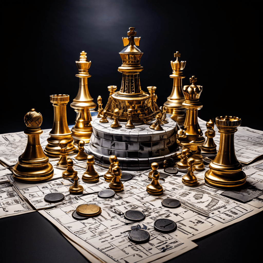 금화와 법봉 모양의 체스 말이 금융 서류 위에서 정부 건물을 겨냥하며 자본과 법률이 세금 문제로 맞서는 고위험 국면을 상징적으로 표현한 이미지입니다.