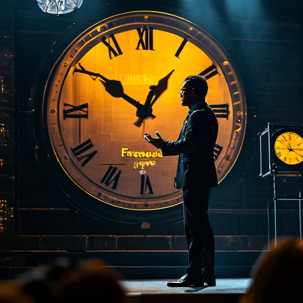 무대 위 연사가 큰 시계와 무료를 의미하는 가격표 앞에서 투자 포트폴리오를 든 실루엣 관객들에게 강연하는 이미지로, 시간과 비용 부담 없이 시작할 수 있는 투자 교육의 기회를 상징합니다.