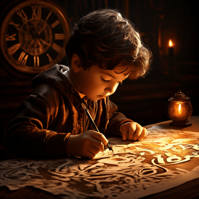 한자나 서예를 배우는 아이가 붓을 들고 깊이 생각하는 모습을 보여주며, 배경에는 시계가 희미하게 페이드아웃되고 잉크에서 지식과 지혜를 상징하는 빛나는 문양이 나타나는 이미지입니다.