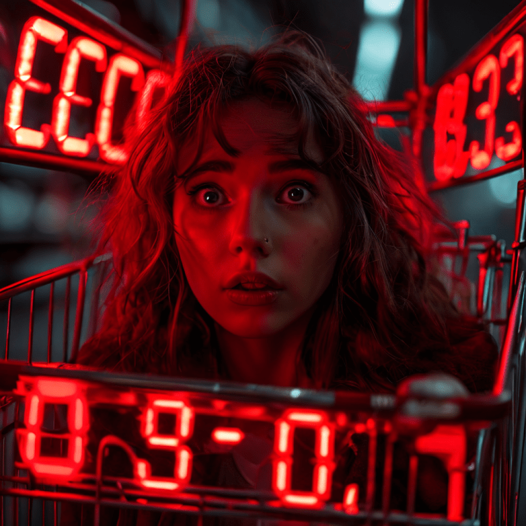 쇼핑 카트 위의 카운트다운 타이머와 그 붉은 숫자가 반영된 소비자의 망설이는 넓은 눈동자가 충동구매와 시간 압박으로 인한 소비자의 심리적 갈등을 강력하게 시각화한 이미지입니다.