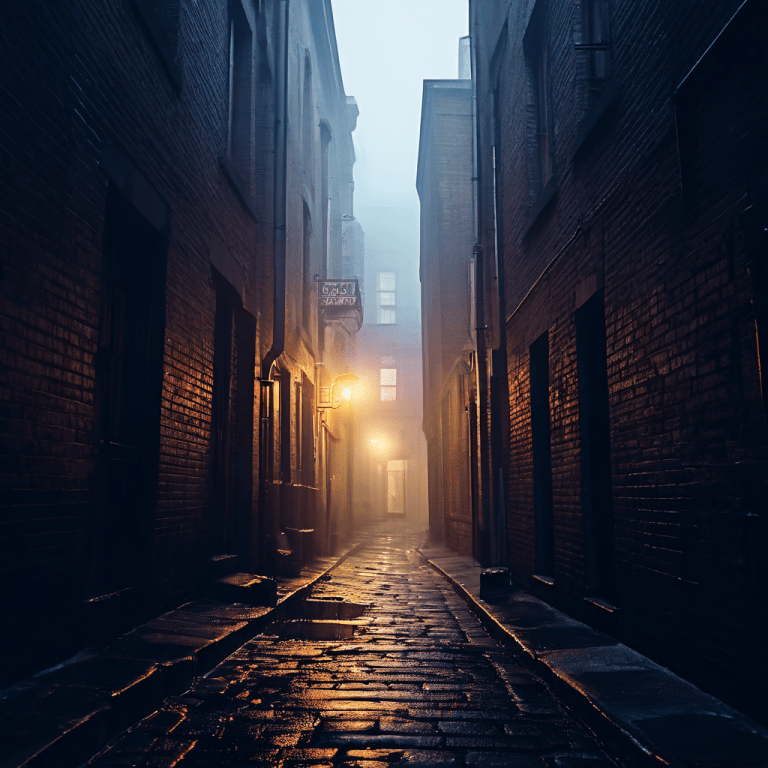 머피의 법칙이 우연이 아닌 필연적인 현상임을 보여주는, 짙은 안개가 자욱한 좁은 골목길에서 여러 가지 예상치 못한 불운이 동시에 발생하고 있는 모습을 담은 이미지입니다.
