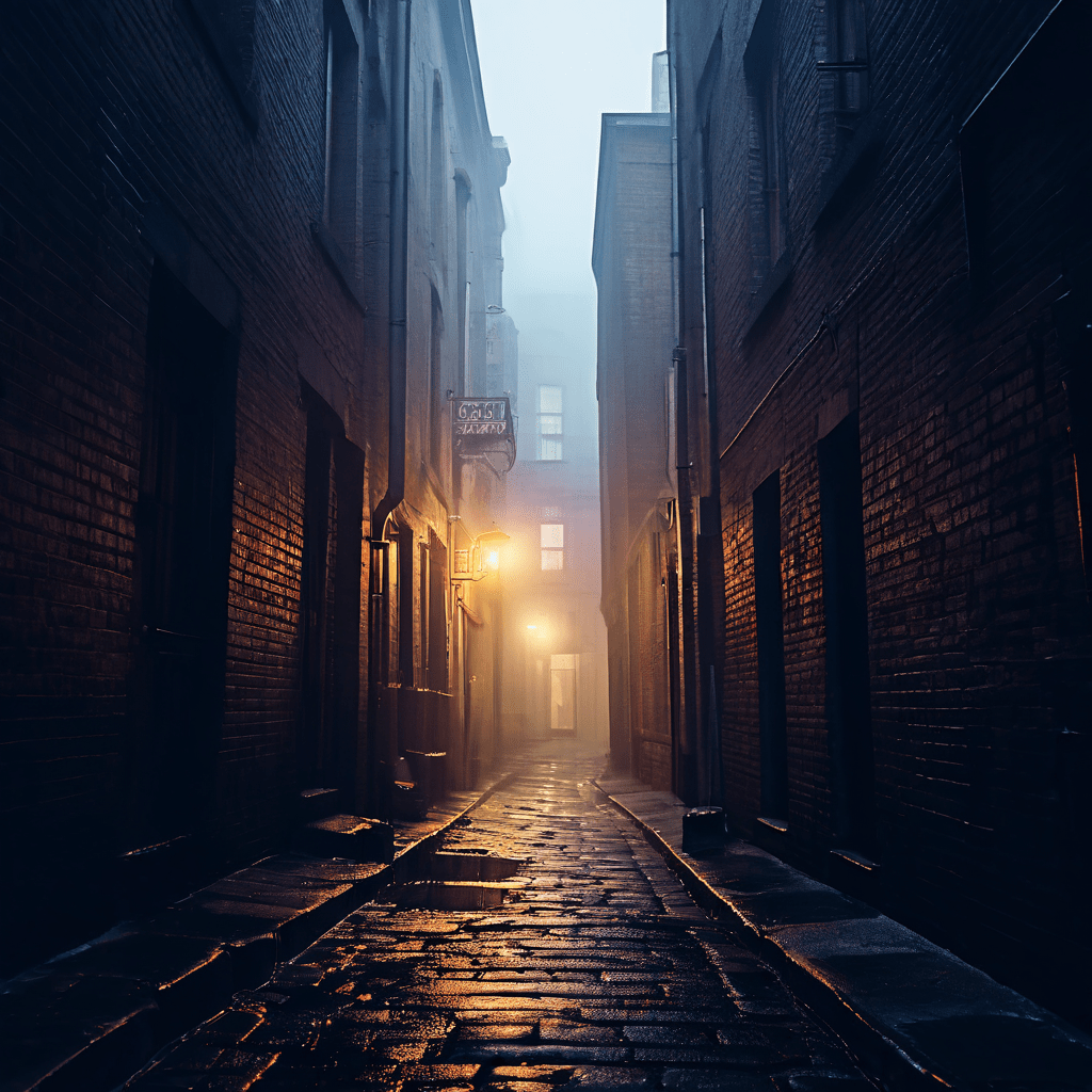 머피의 법칙이 우연이 아닌 필연적인 현상임을 보여주는, 짙은 안개가 자욱한 좁은 골목길에서 여러 가지 예상치 못한 불운이 동시에 발생하고 있는 모습을 담은 이미지입니다.
