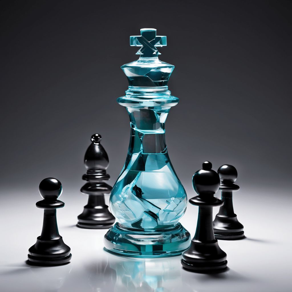 메타(META)라고 표시된 체스 말이 인간 형상의 유리 조각에 난 균열을 향해 전략적으로 나아가며 심리적 취약성이라는 주제를 상징적으로 표현한 이미지입니다.