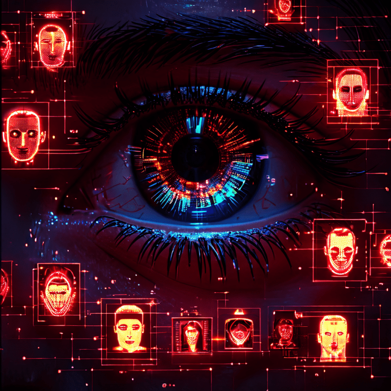 감시 모니터에서 복잡한 디지털 눈이 픽셀화되고 불일치하는 얼굴들을 스캔하며, 주변에는 빛나는 생체 인식 잠금 아이콘이 배치된 디지털 보안 및 프라이버시 개념을 시각화한 이미지입니다.