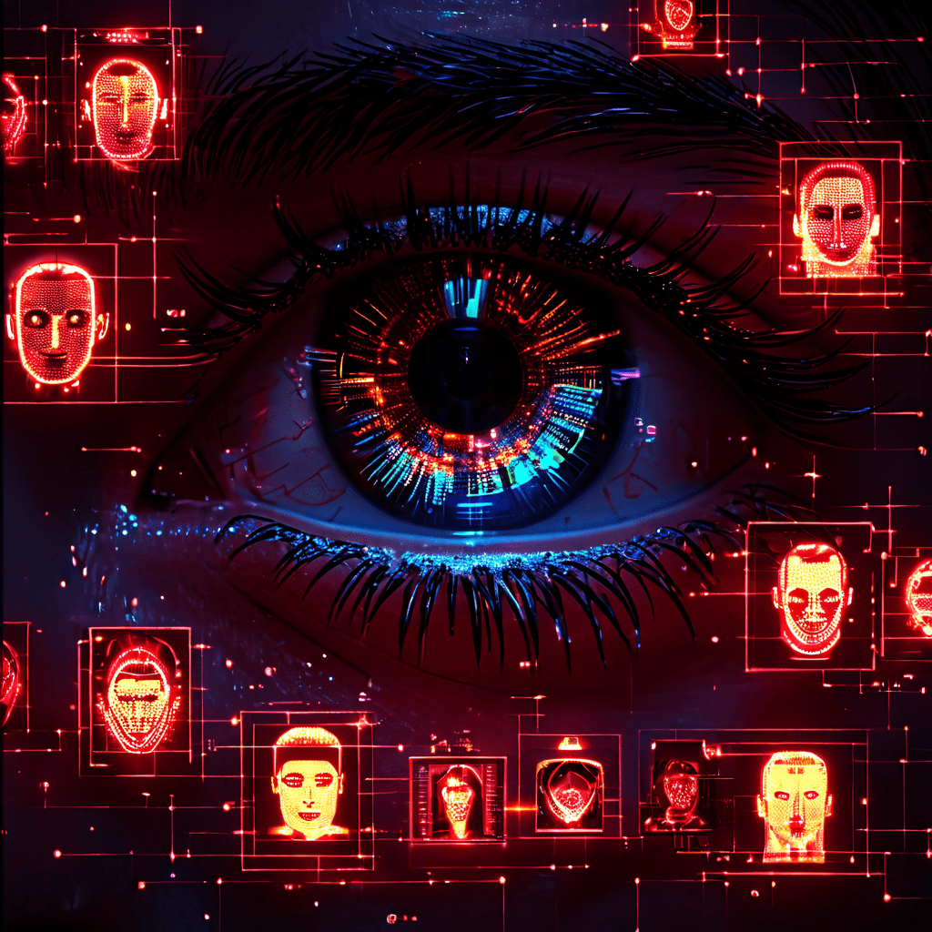 감시 모니터에서 복잡한 디지털 눈이 픽셀화되고 불일치하는 얼굴들을 스캔하며, 주변에는 빛나는 생체 인식 잠금 아이콘이 배치된 디지털 보안 및 프라이버시 개념을 시각화한 이미지입니다.