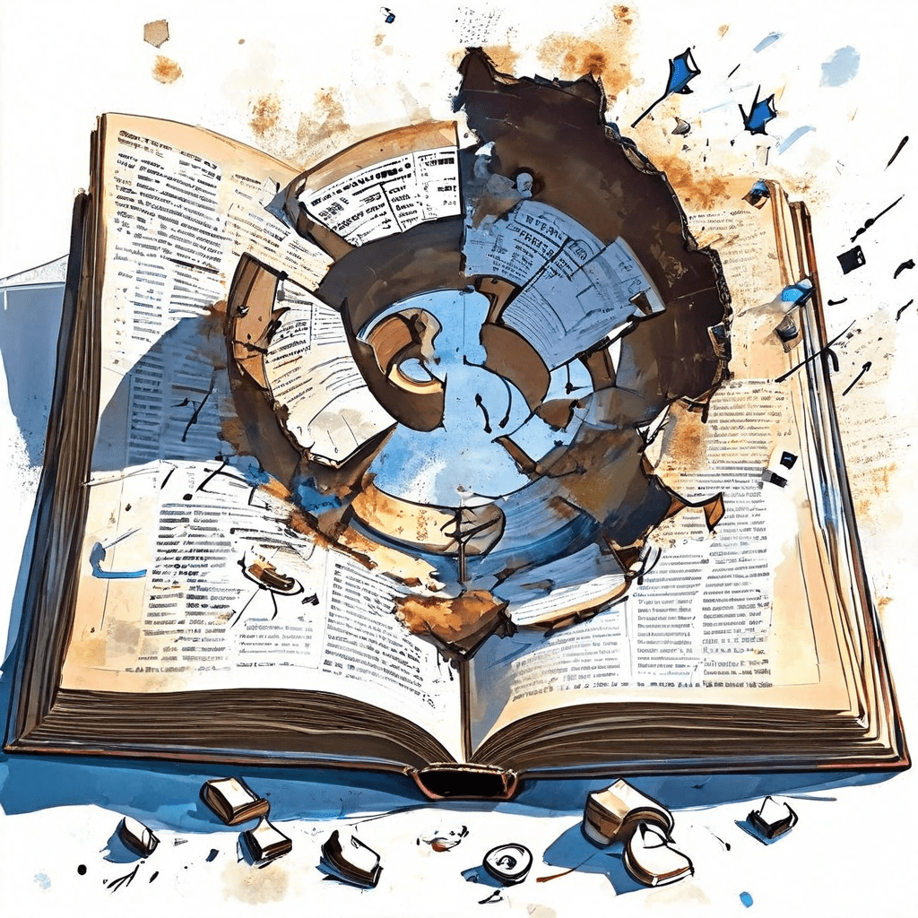 성공률을 다루는 책이 찢겨져 내부의 빈 공간과 부서진 트로피, 물음표를 드러내며 명목상의 성과 지표와 실제 성공의 괴리를 상징적으로 보여주는 이미지입니다.