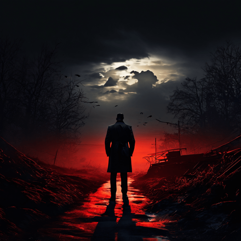 비밀 작전 수행 중인 요원이 임무의 의무와 작전의 위험 및 예상치 못한 결과 사이에서 심각한 도덕적 갈림길 앞에 서 있는 모습을 상징적으로 표현한 이미지입니다.