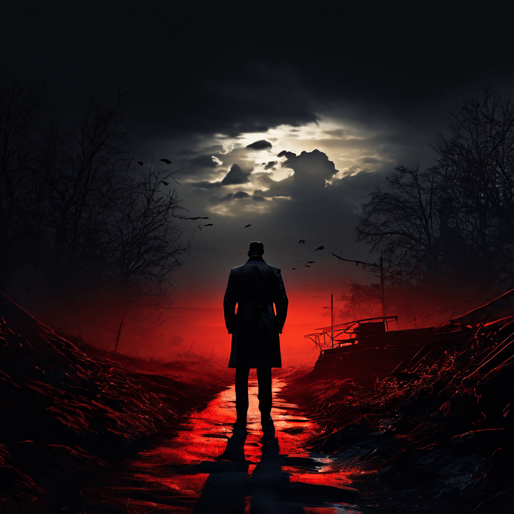 비밀 작전 수행 중인 요원이 임무의 의무와 작전의 위험 및 예상치 못한 결과 사이에서 심각한 도덕적 갈림길 앞에 서 있는 모습을 상징적으로 표현한 이미지입니다.