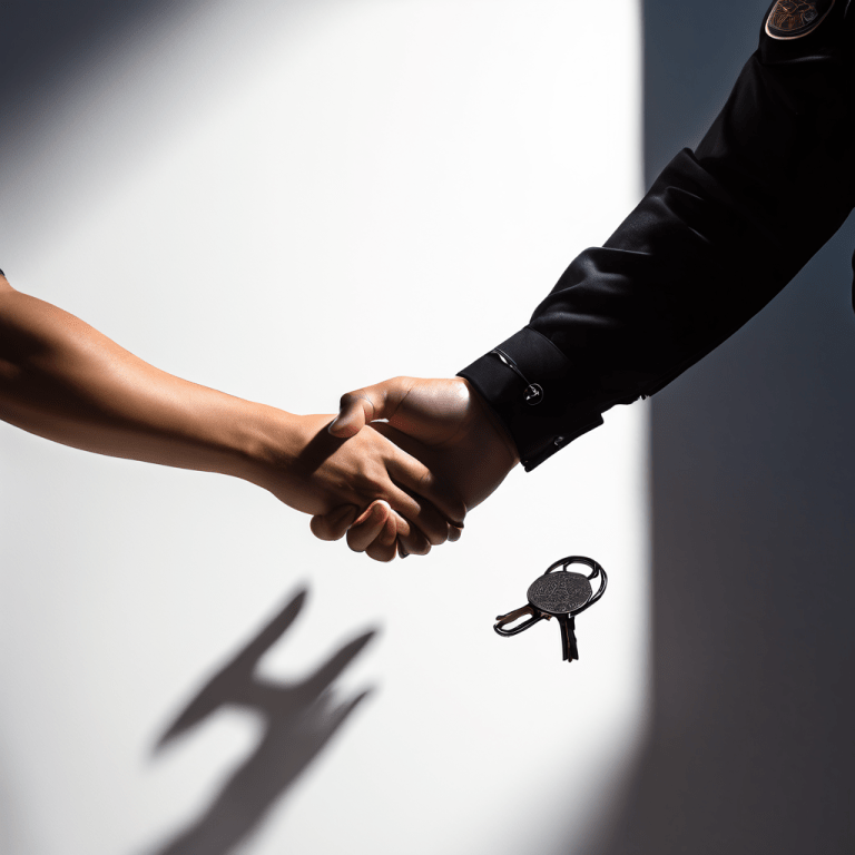 경찰관의 도움의 손길과 그 그림자가 수갑을 형성하는 모습을 통해 법의 집행과 사회적 보호의 이중적 의미를 상징적으로 표현한 개념 이미지입니다.