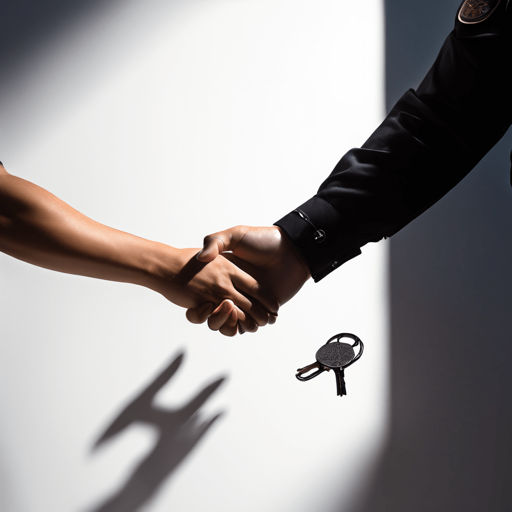 경찰관의 도움의 손길과 그 그림자가 수갑을 형성하는 모습을 통해 법의 집행과 사회적 보호의 이중적 의미를 상징적으로 표현한 개념 이미지입니다.