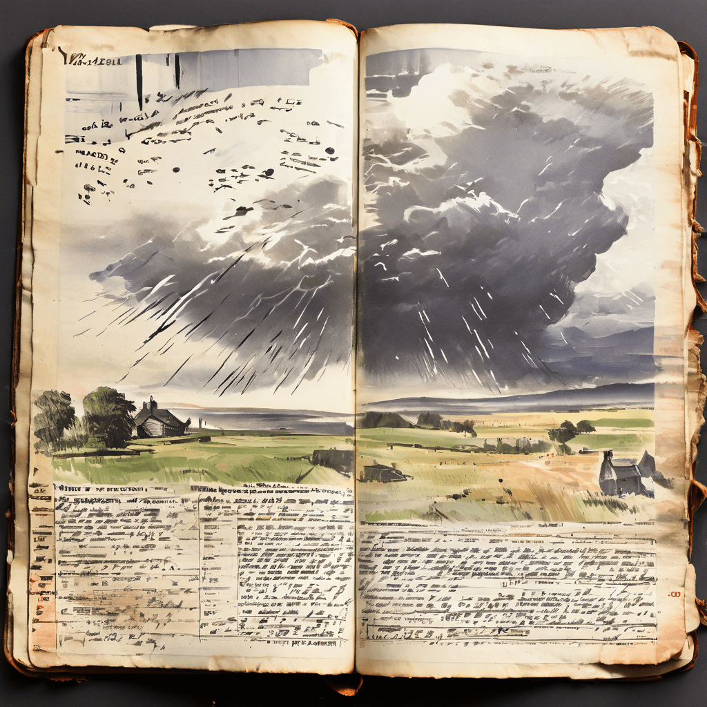 일기장에 기록된 화창한 날씨와 찢겨진 신문 스크랩의 폭풍우 기사가 대조를 이루며 진실을 은폐하는 상황을 암시하는 이미지입니다.