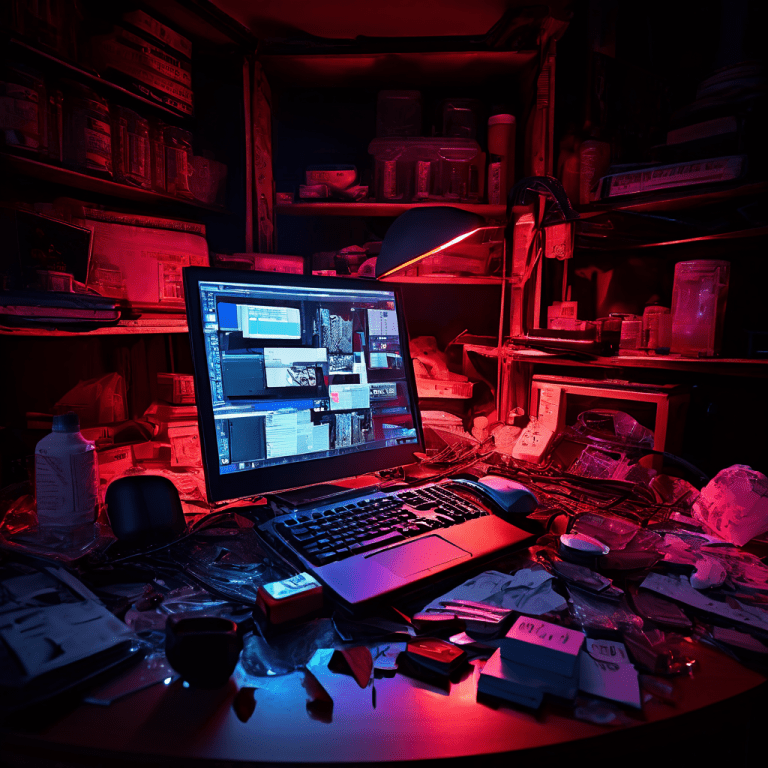 온라인에서 판매되는 초현실적으로 완벽해 보이는 가짜 제품이 화면 속에서 산산조각 나며 사기꾼의 소굴 속에서 저렴하고 부서진 내부 부품을 드러내는 모습을 담은 이미지입니다.