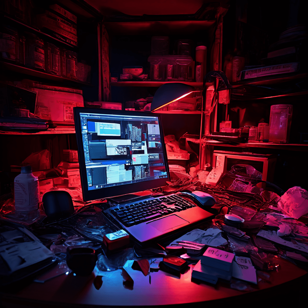 온라인에서 판매되는 초현실적으로 완벽해 보이는 가짜 제품이 화면 속에서 산산조각 나며 사기꾼의 소굴 속에서 저렴하고 부서진 내부 부품을 드러내는 모습을 담은 이미지입니다.