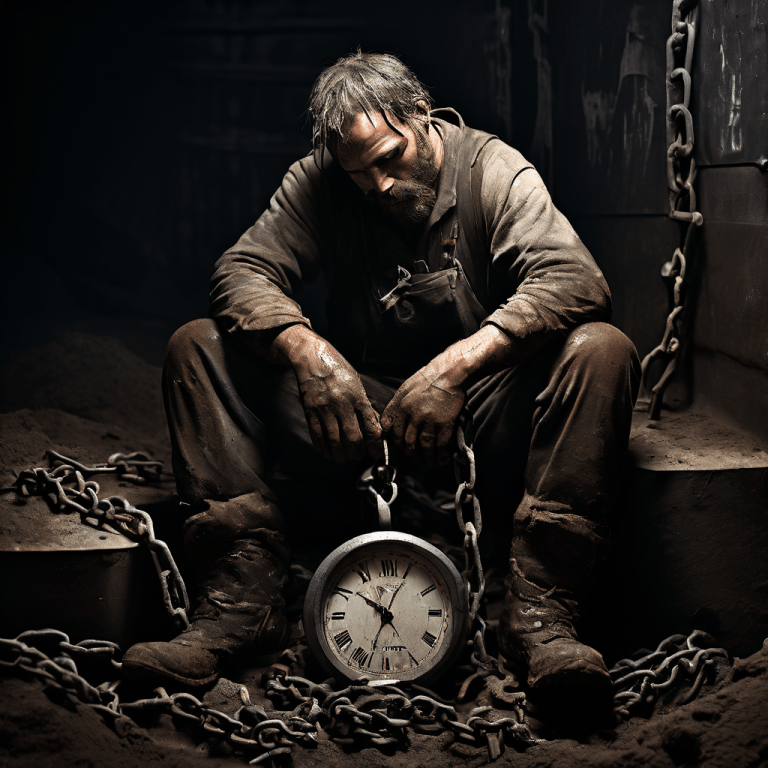 끝없는 단순 업무의 굴레에 갇힌 직장인이 시계에 묶여 무의미한 일에 시간을 쏟아붓는 현대 직장인의 소진과 노동의 소외를 상징적으로 표현한 이미지입니다.