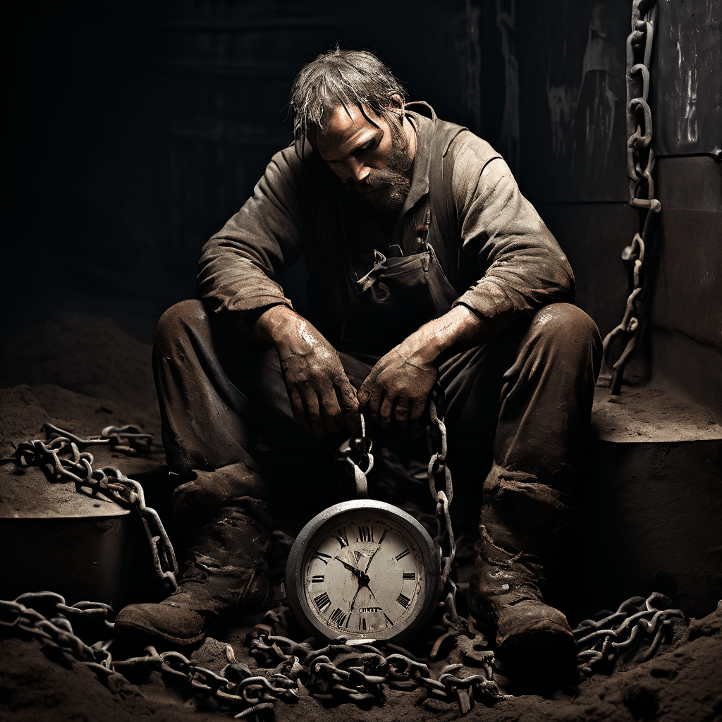 끝없는 단순 업무의 굴레에 갇힌 직장인이 시계에 묶여 무의미한 일에 시간을 쏟아붓는 현대 직장인의 소진과 노동의 소외를 상징적으로 표현한 이미지입니다.